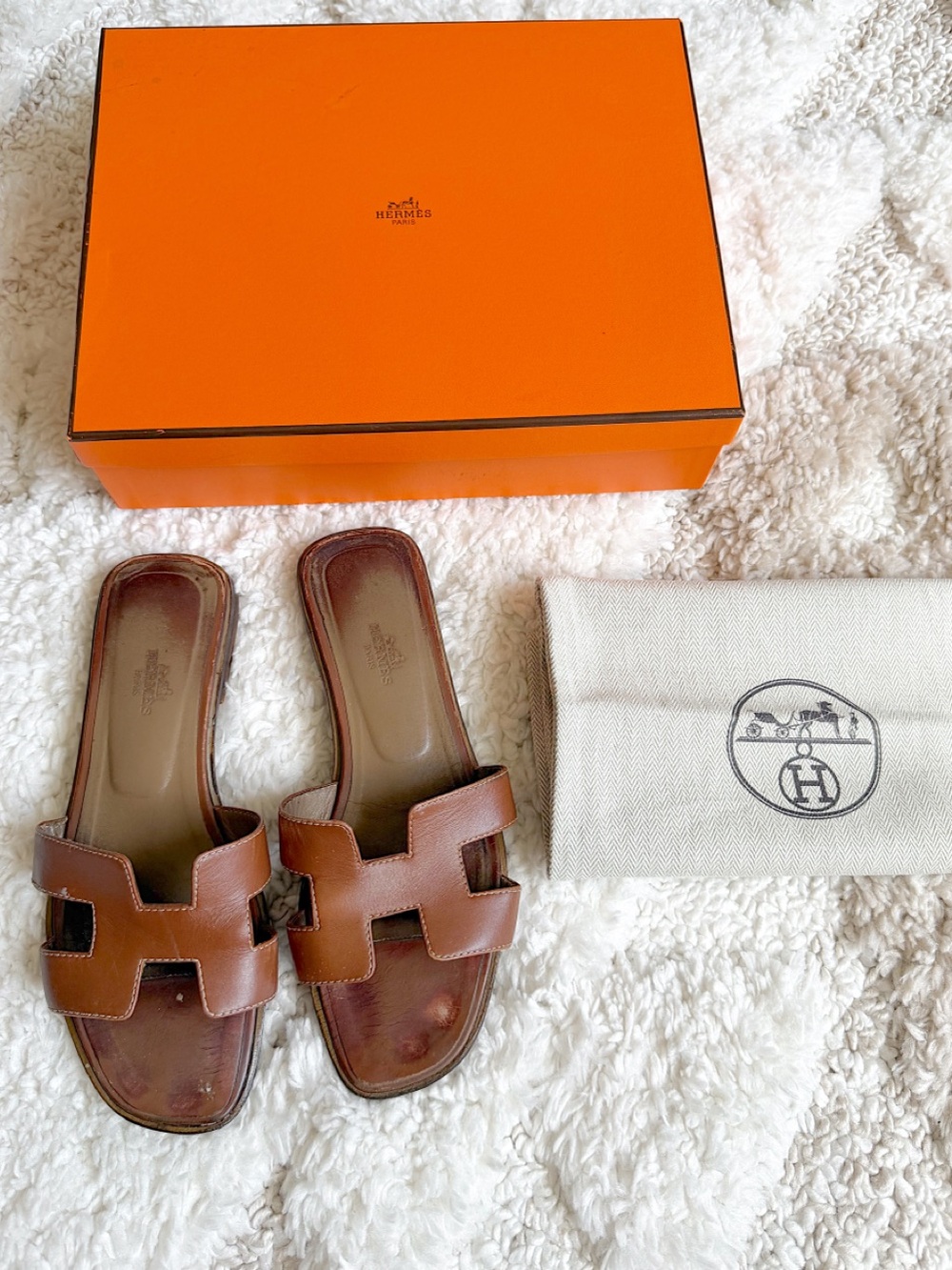 Hermes Oran brown leather H logo slides sandals 38